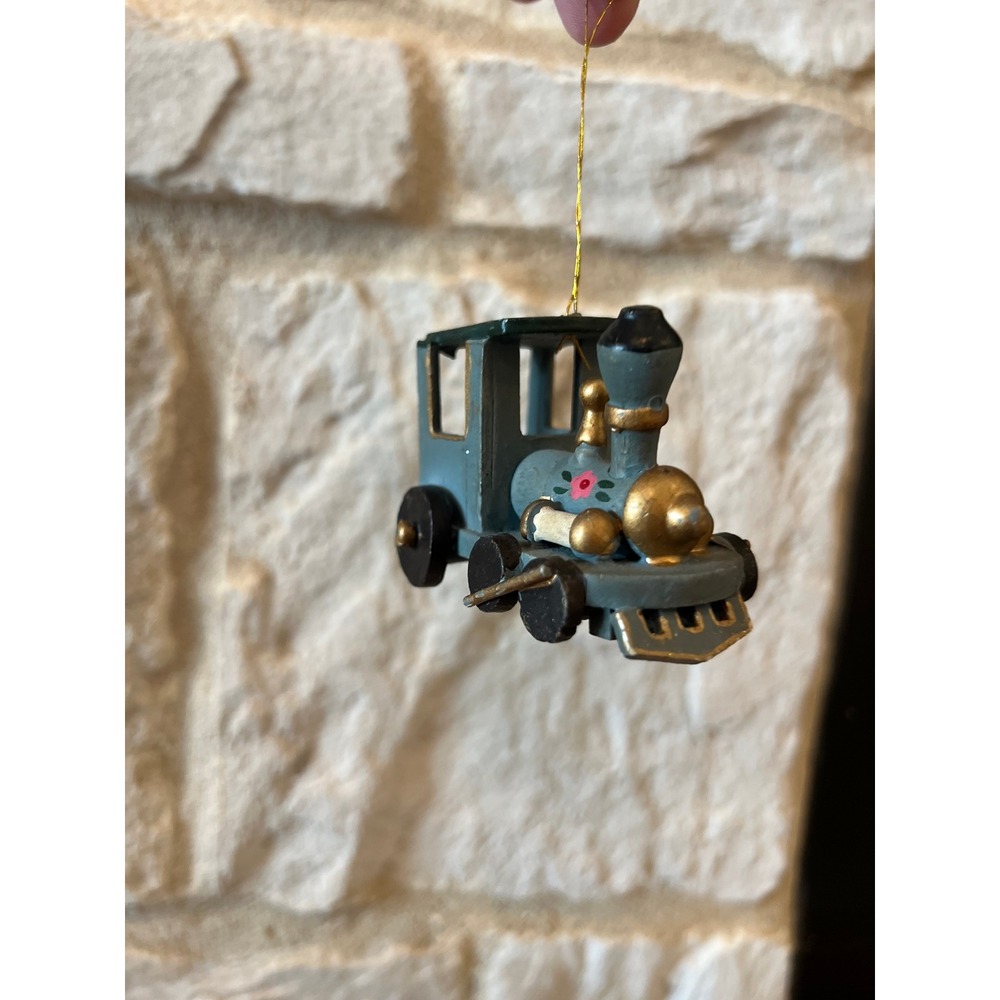 Vintage Wooden Steam Engine Locomotive Christmas Ornament Blue Gold Hand Painted